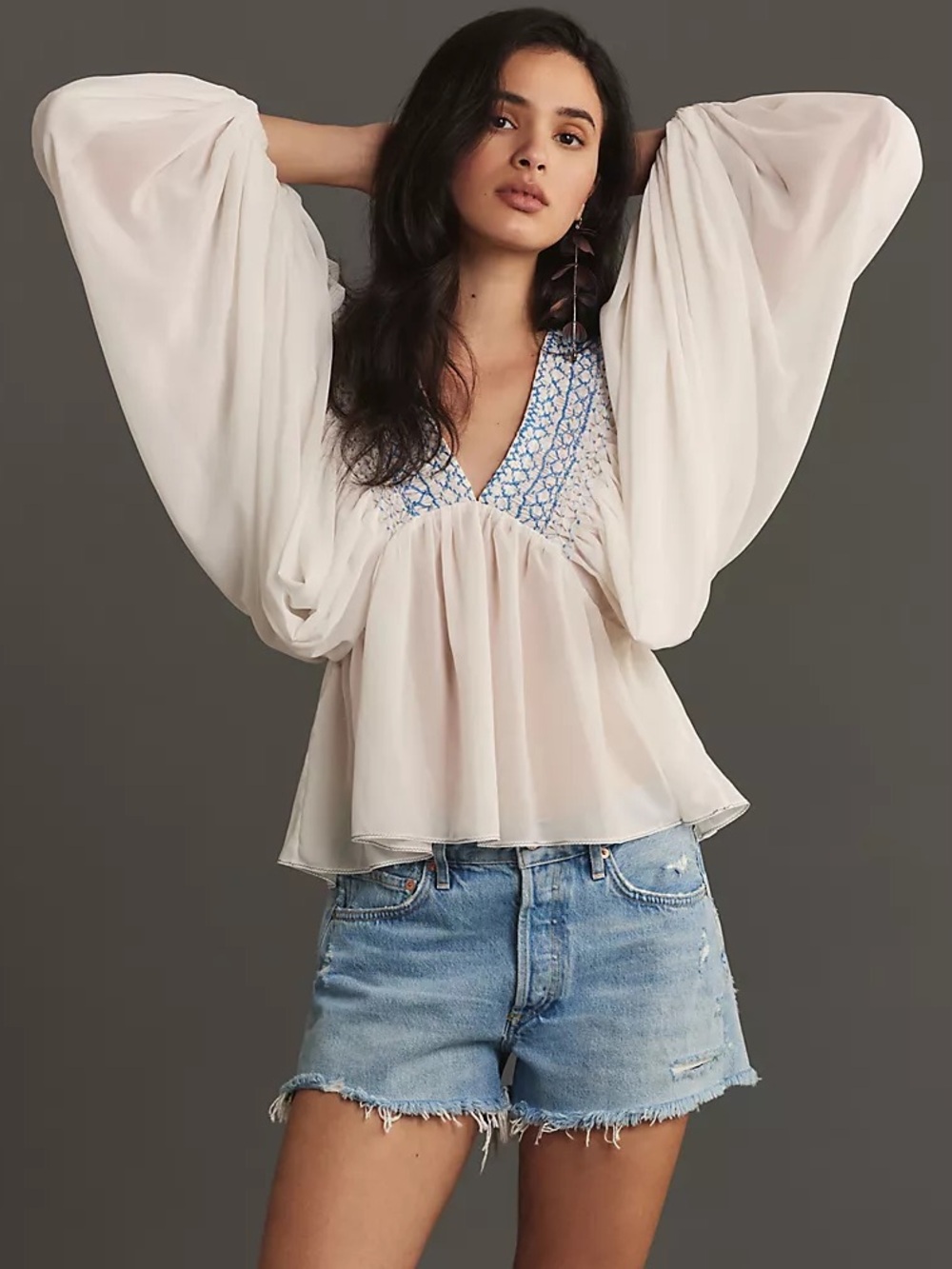 By Anthropologie Womens Embroidered Blouse Large White Boho Babydoll Cottagecore